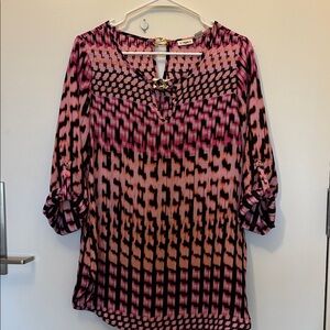 Cato Pink & Black Geometric Print Roll-Tab Tunic